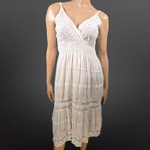 Y2k White Cotton Midi peasant dress Size XL Embroidered Crochet Lace Fairy Boho
